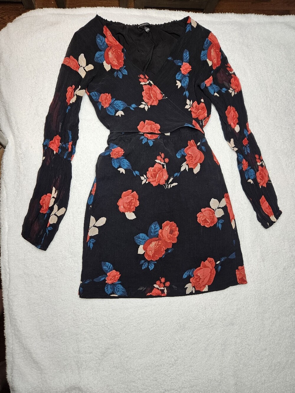 Club Monaco Black Long-Sleeve Silk Faux Wrap Dress with Red Rose Print